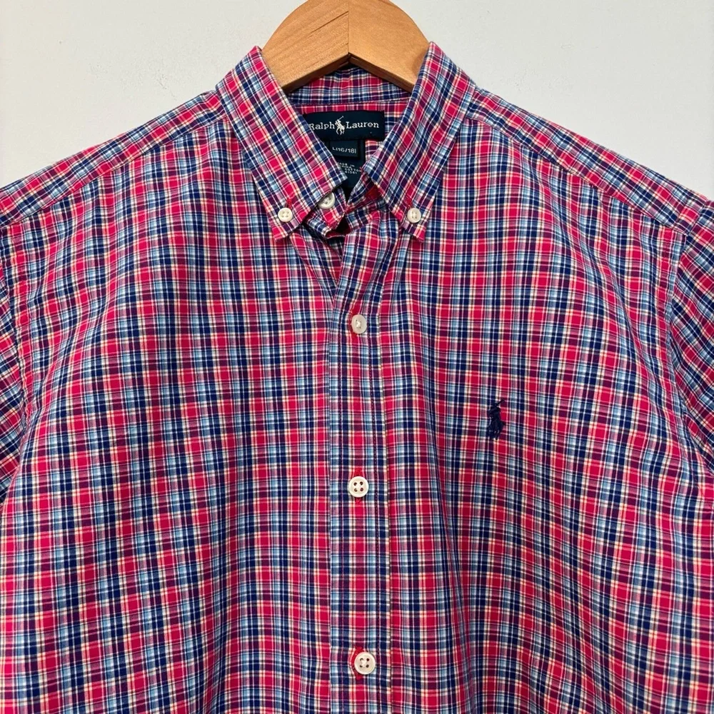 Ralph Lauren Boy’s Short Sleeve Check Button Down Size L 16/18